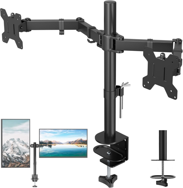 BONTEC Soporte Doble Monitor [13-27"] hasta 10kg/Brazo – Ajustable en Altura (Setup doble monitor ergonómico: Ideal para teletrabajo y oficina – Montaje sencillo.)